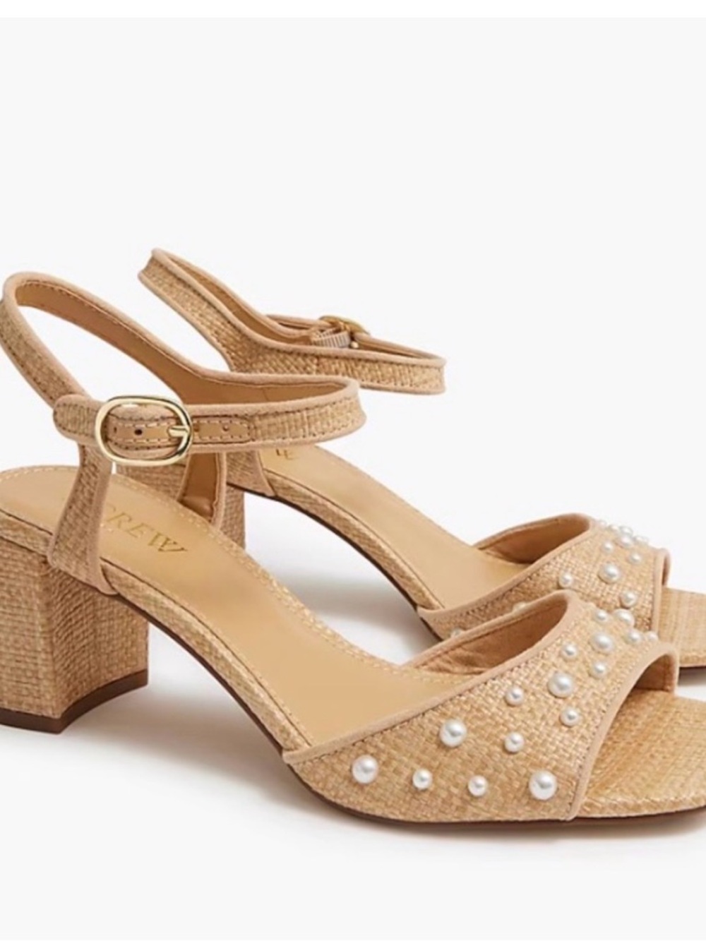 J. Crew Factory Tan Pearl-Embellished Block Heel Sandals Woven Heal